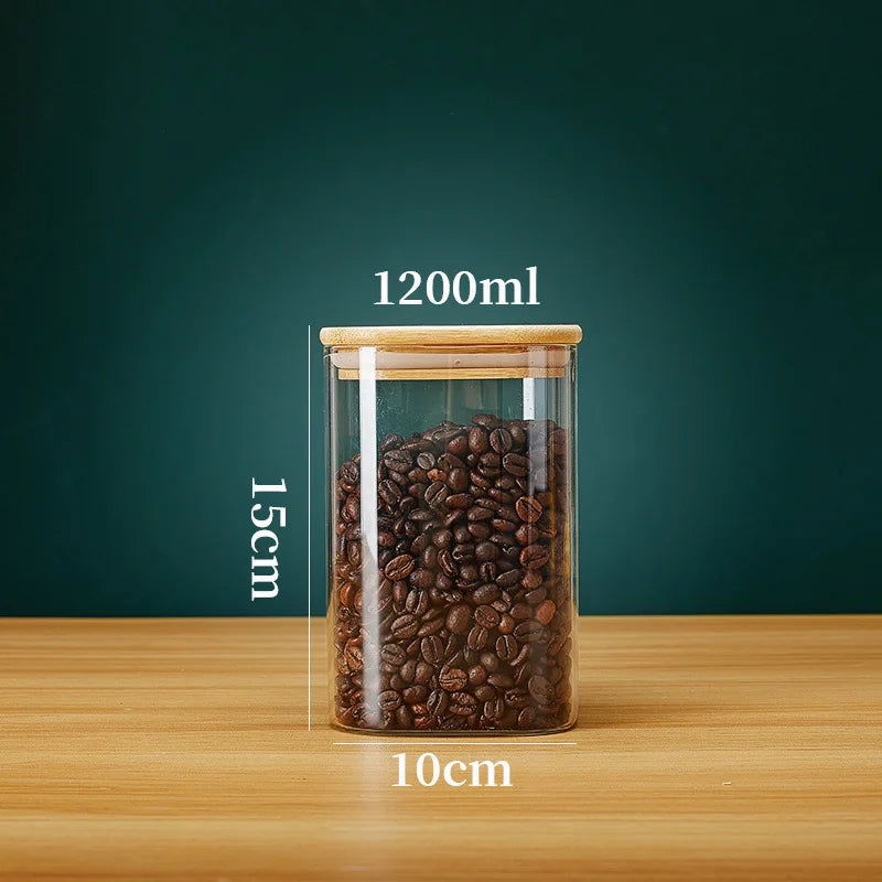 Square Glass Storage Jars with Bamboo Lid for Coffee Beans Grains Noodles food Storage Containers  Kitchen Organizers Storage - Slobuy