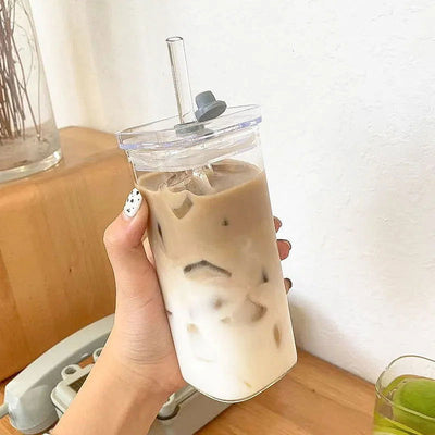 Square Heat Resistant Coffee Glass Cup With Lid and Straw Transparent Milk Tea Juice Cups Coffee Mug For Home Bar Drinkware - Slobuy
