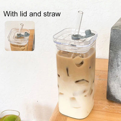Square Heat Resistant Coffee Glass Cup With Lid and Straw Transparent Milk Tea Juice Cups Coffee Mug For Home Bar Drinkware - Slobuy
