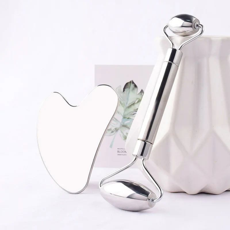 Stainless Steel Facial Roller Gua Sha Set Face Care Lifting Massage Tools Anti Wrinkle Skin Tighten Cooling Cellulite Massager - Slobuy
