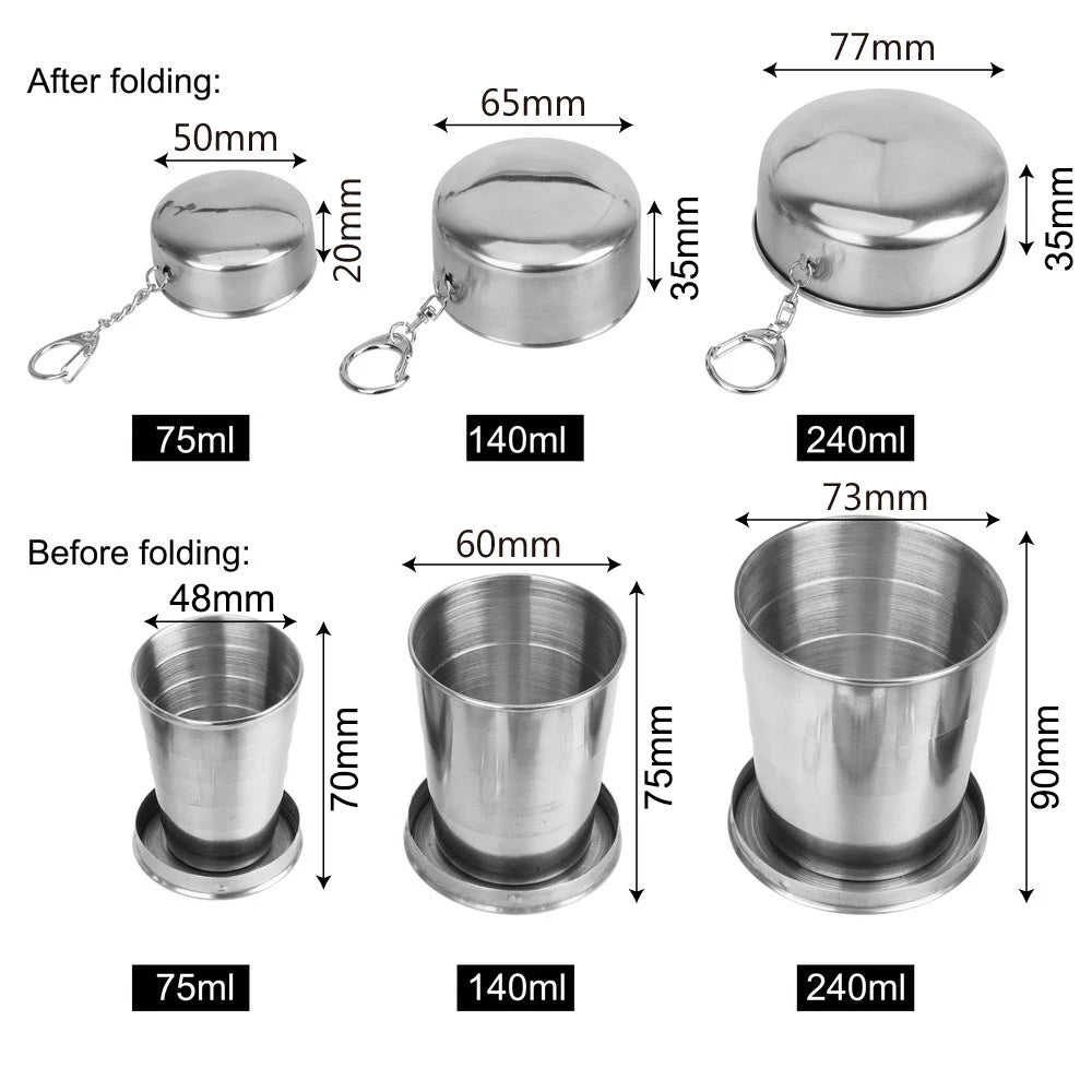 Stainless Steel Folding Cup Portable Water Drinking Cup Retractable Telescopic Collapsible Cups For Outdoor Travel With Keychain - Slobuy