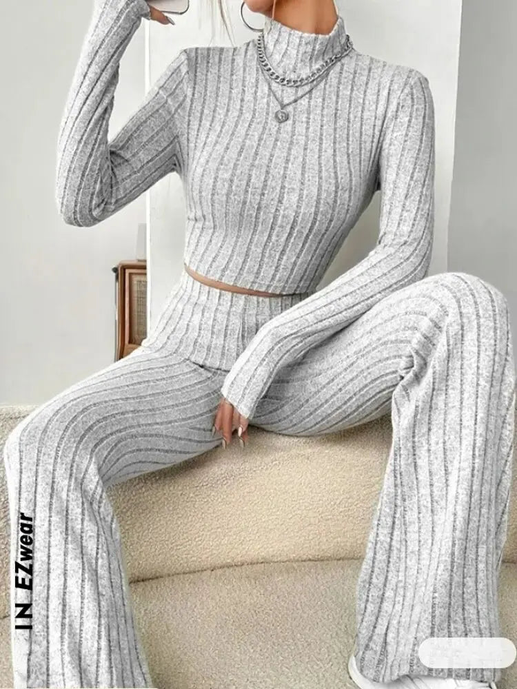 Stand Collar Navel T-shirt and Trumpet pants - Slobuy