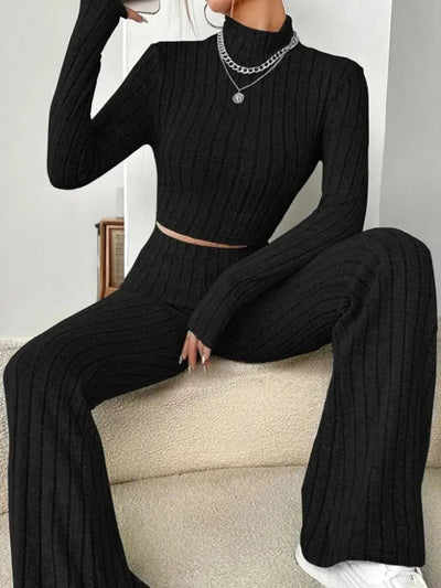 Stand Collar Navel T-shirt and Trumpet pants - Slobuy