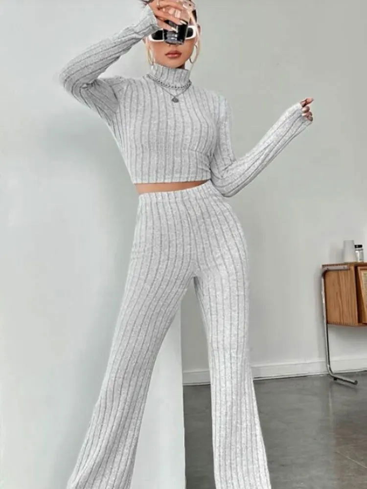 Stand Collar Navel T-shirt and Trumpet pants - Slobuy