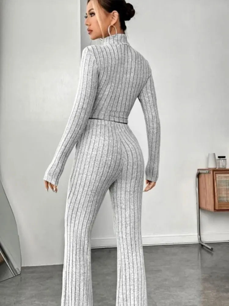 Stand Collar Navel T-shirt and Trumpet pants - Slobuy
