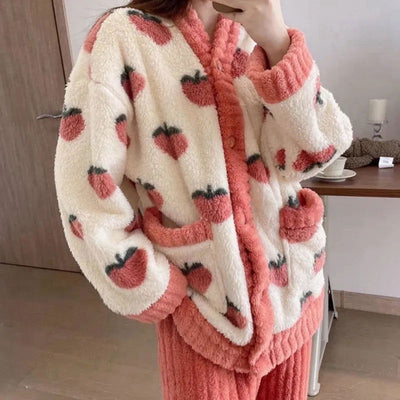 Strawberry Print Sleepwear Women Pajamas Set Winter Fleece Velvet 2 Pieces Home Suit Sleep Fluffy Korean Piiama Warm Night Wear - Slobuy