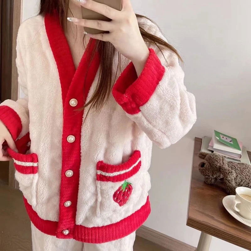 Strawberry Print Sleepwear Women Pajamas Set Winter Fleece Velvet 2 Pieces Home Suit Sleep Fluffy Korean Piiama Warm Night Wear - Slobuy