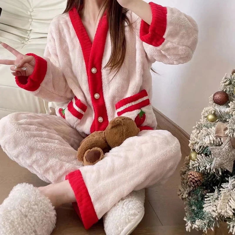 Strawberry Print Sleepwear Women Pajamas Set Winter Fleece Velvet 2 Pieces Home Suit Sleep Fluffy Korean Piiama Warm Night Wear - Slobuy