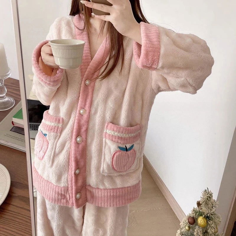 Strawberry Print Sleepwear Women Pajamas Set Winter Fleece Velvet 2 Pieces Home Suit Sleep Fluffy Korean Piiama Warm Night Wear - Slobuy