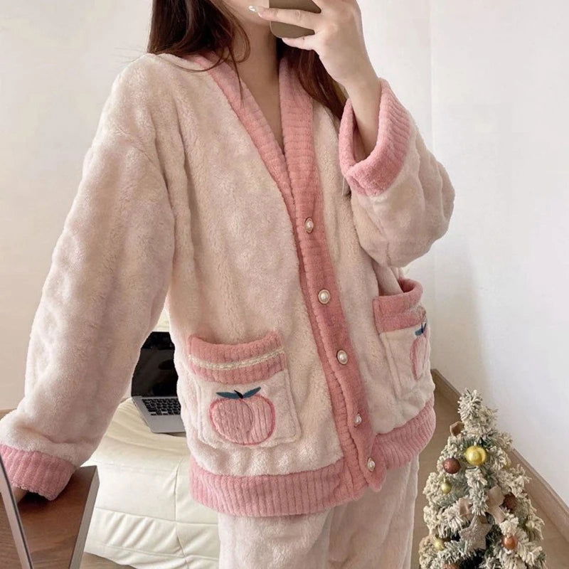 Strawberry Print Sleepwear Women Pajamas Set Winter Fleece Velvet 2 Pieces Home Suit Sleep Fluffy Korean Piiama Warm Night Wear - Slobuy