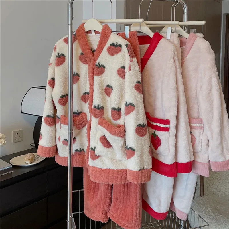 Strawberry Print Sleepwear Women Pajamas Set Winter Fleece Velvet 2 Pieces Home Suit Sleep Fluffy Korean Piiama Warm Night Wear - Slobuy