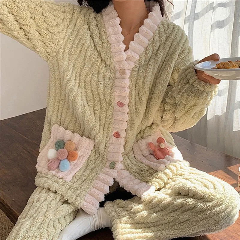 Strawberry Print Sleepwear Women Pajamas Set Winter Fleece Velvet 2 Pieces Home Suit Sleep Fluffy Korean Piiama Warm Night Wear - Slobuy
