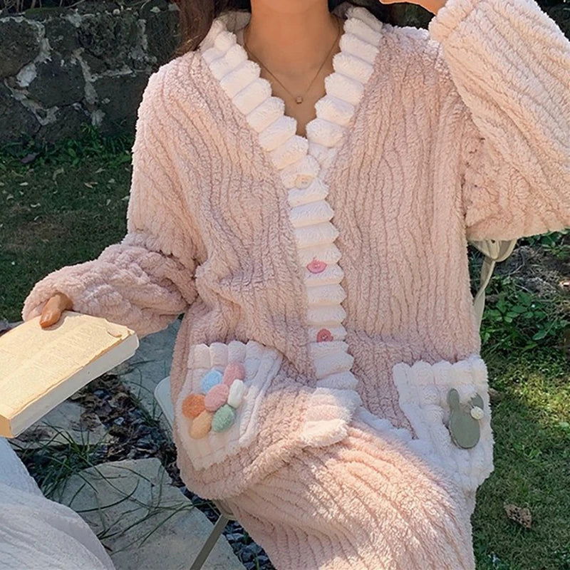 Strawberry Print Sleepwear Women Pajamas Set Winter Fleece Velvet 2 Pieces Home Suit Sleep Fluffy Korean Piiama Warm Night Wear - Slobuy
