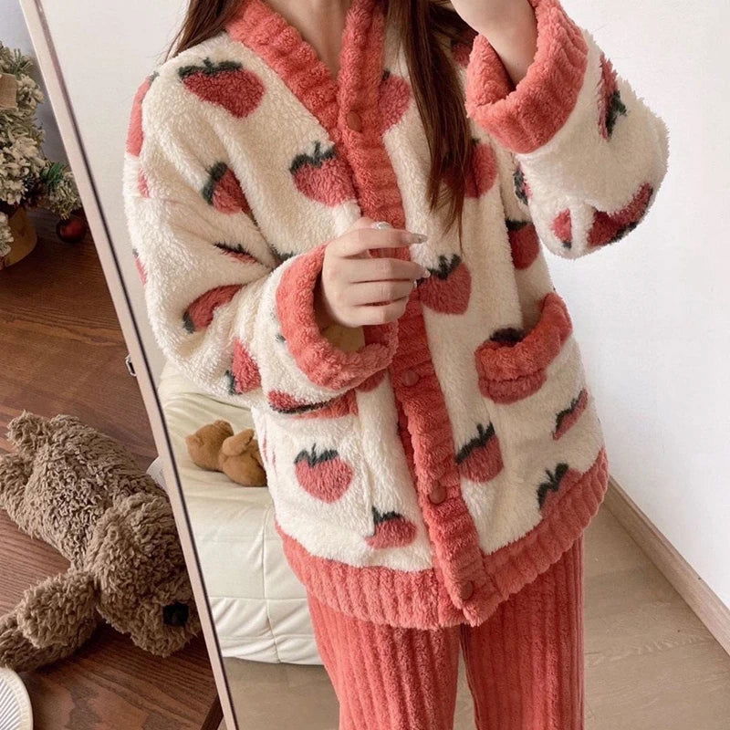 Strawberry Print Sleepwear Women Pajamas Set Winter Fleece Velvet 2 Pieces Home Suit Sleep Fluffy Korean Piiama Warm Night Wear - Slobuy