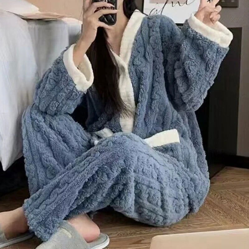 Strawberry Print Sleepwear Women Pajamas Set Winter Fleece Velvet 2 Pieces Home Suit Sleep Fluffy Korean Piiama Warm Night Wear - Slobuy