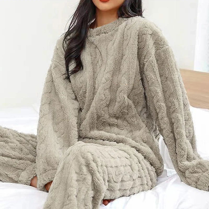 Strawberry Print Sleepwear Women Pajamas Set Winter Fleece Velvet 2 Pieces Home Suit Sleep Fluffy Korean Piiama Warm Night Wear - Slobuy