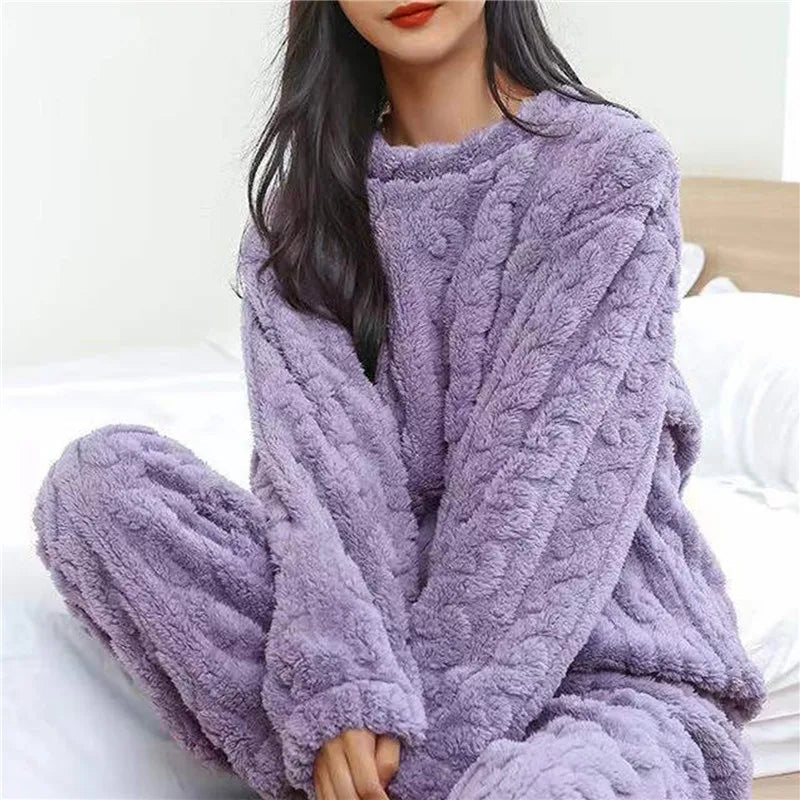 Strawberry Print Sleepwear Women Pajamas Set Winter Fleece Velvet 2 Pieces Home Suit Sleep Fluffy Korean Piiama Warm Night Wear - Slobuy