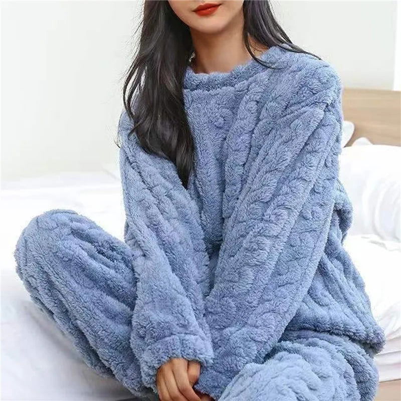 Strawberry Print Sleepwear Women Pajamas Set Winter Fleece Velvet 2 Pieces Home Suit Sleep Fluffy Korean Piiama Warm Night Wear - Slobuy