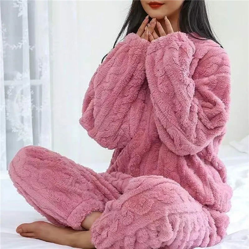 Strawberry Print Sleepwear Women Pajamas Set Winter Fleece Velvet 2 Pieces Home Suit Sleep Fluffy Korean Piiama Warm Night Wear - Slobuy
