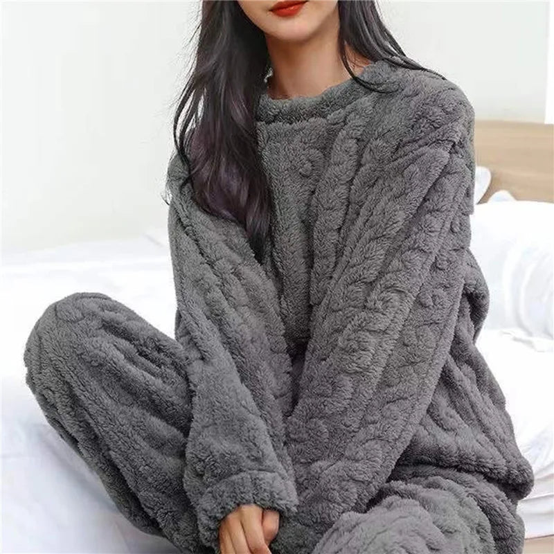 Strawberry Print Sleepwear Women Pajamas Set Winter Fleece Velvet 2 Pieces Home Suit Sleep Fluffy Korean Piiama Warm Night Wear - Slobuy