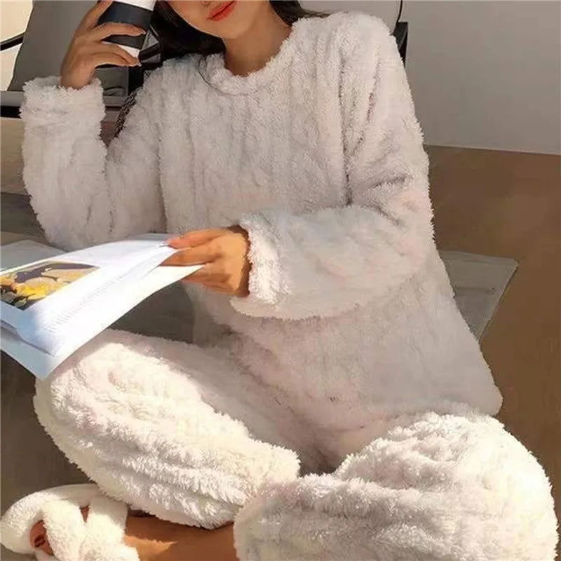 Strawberry Print Sleepwear Women Pajamas Set Winter Fleece Velvet 2 Pieces Home Suit Sleep Fluffy Korean Piiama Warm Night Wear - Slobuy
