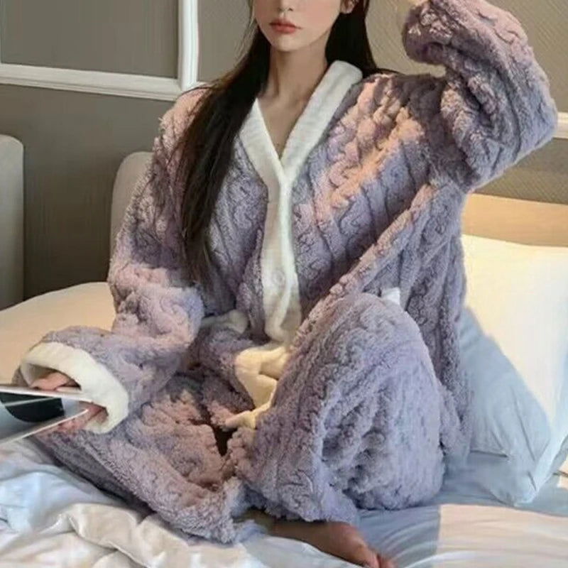 Strawberry Print Sleepwear Women Pajamas Set Winter Fleece Velvet 2 Pieces Home Suit Sleep Fluffy Korean Piiama Warm Night Wear - Slobuy