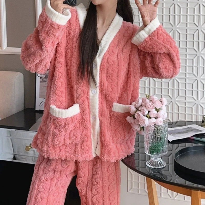 Strawberry Print Sleepwear Women Pajamas Set Winter Fleece Velvet 2 Pieces Home Suit Sleep Fluffy Korean Piiama Warm Night Wear - Slobuy