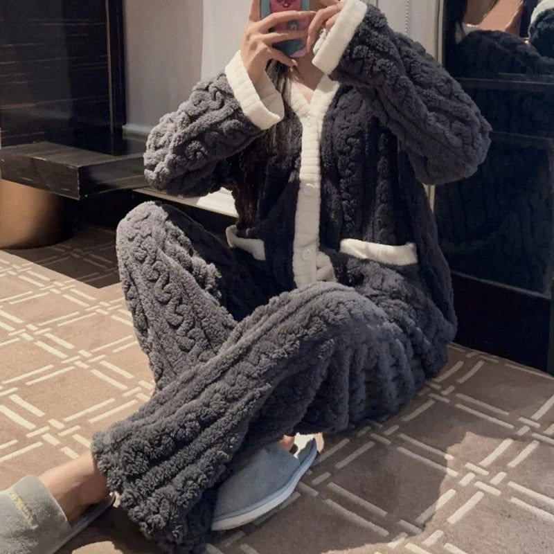 Strawberry Print Sleepwear Women Pajamas Set Winter Fleece Velvet 2 Pieces Home Suit Sleep Fluffy Korean Piiama Warm Night Wear - Slobuy