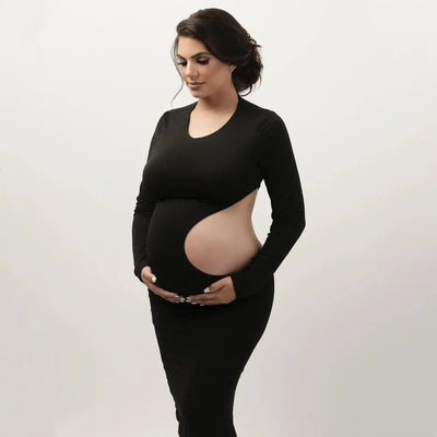 Stretchy Maternity Photography Dress Sexy Hollow Out Revealing Pregnant Belly Long Sleeved Dress Photo Studio Clothing - Slobuy