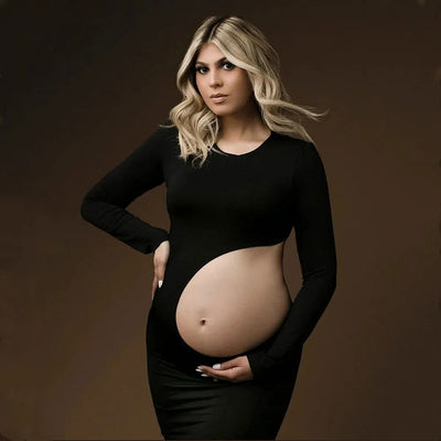 Stretchy Maternity Photography Dress Sexy Hollow Out Revealing Pregnant Belly Long Sleeved Dress Photo Studio Clothing - Slobuy