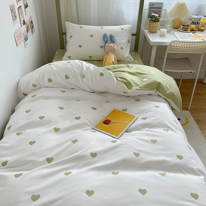 Student Dormitory Three-Piece Set Love Printed Quilt Cover Household Bed Sheet Set Skin-Friendly Soft Suitable for Sleeping Nake - Slobuy