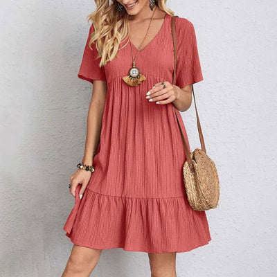 Summer Casual Dress Women Short Sleeve Ruffles A-Line Dress Fashion V-Neck Bohemian Sundress Elegant Beach Party Female Wear - Slobuy