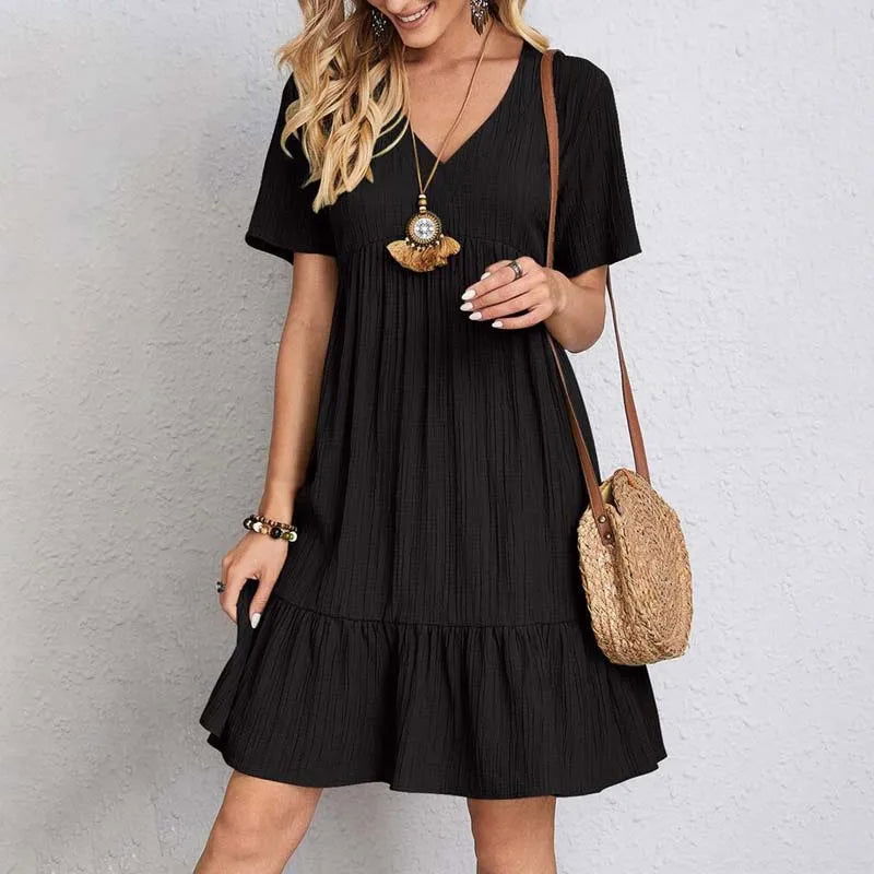 Summer Casual Dress Women Short Sleeve Ruffles A-Line Dress Fashion V-Neck Bohemian Sundress Elegant Beach Party Female Wear - Slobuy