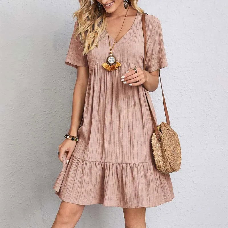 Summer Casual Dress Women Short Sleeve Ruffles A-Line Dress Fashion V-Neck Bohemian Sundress Elegant Beach Party Female Wear - Slobuy