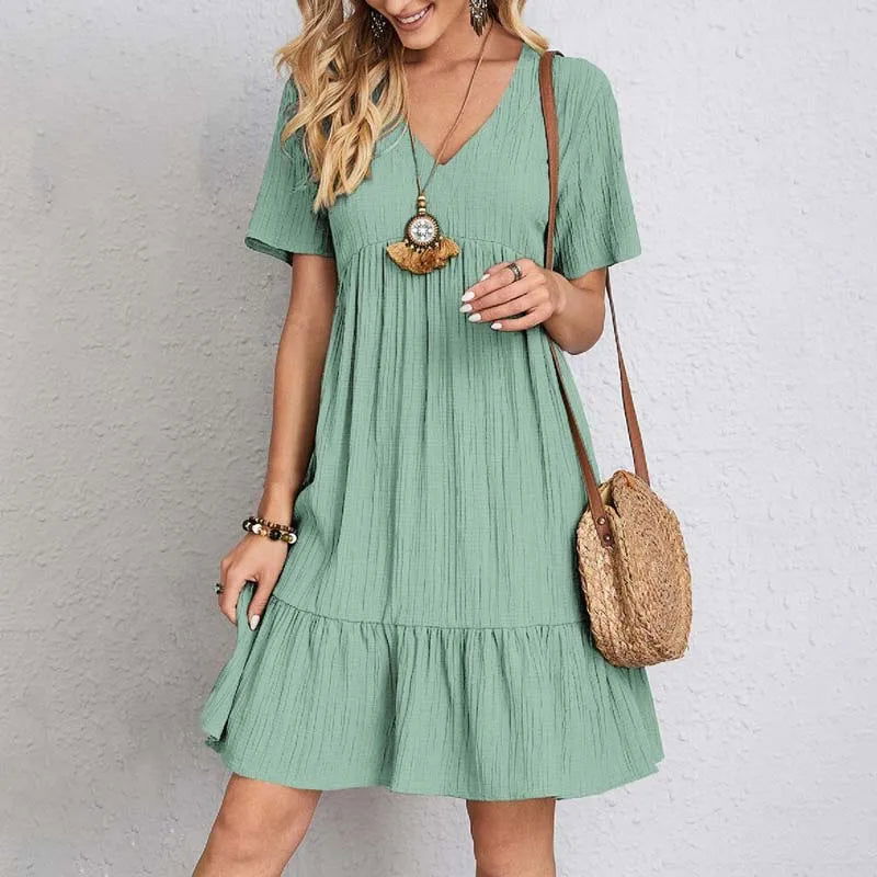 Summer Casual Dress Women Short Sleeve Ruffles A-Line Dress Fashion V-Neck Bohemian Sundress Elegant Beach Party Female Wear - Slobuy