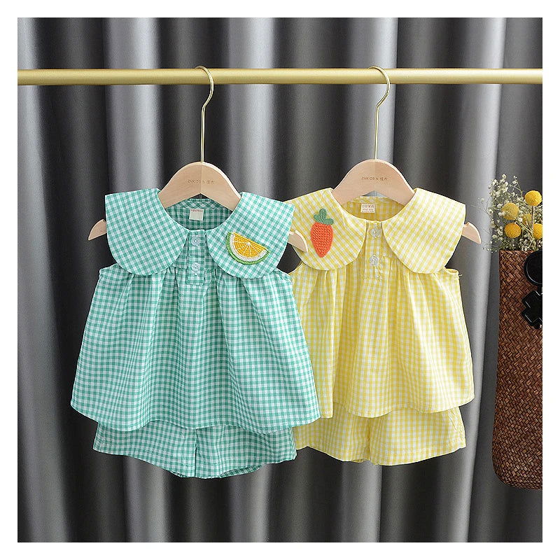 Summer Clothing Sets Baby Girl Cute Fruit Cotton Girls Plaid  Sweet Princess 2pcs Suit Children's Clothing Kids Vestidos - Slobuy