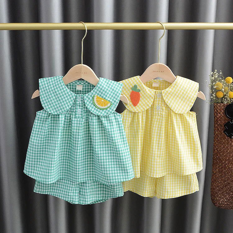 Summer Clothing Sets Baby Girl Cute Fruit Cotton Girls Plaid  Sweet Princess 2pcs Suit Children's Clothing Kids Vestidos - Slobuy