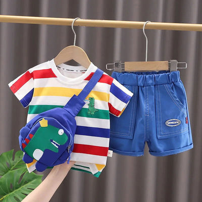 Summer Cute Cartoon Dinosaur Fashion Children O-neck T-shirt+Shorts+Bag Toddler Baby Boys Girls Clothes Set New Kids Tracksuits - Slobuy