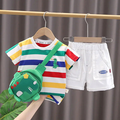 Summer Cute Cartoon Dinosaur Fashion Children O-neck T-shirt+Shorts+Bag Toddler Baby Boys Girls Clothes Set New Kids Tracksuits - Slobuy