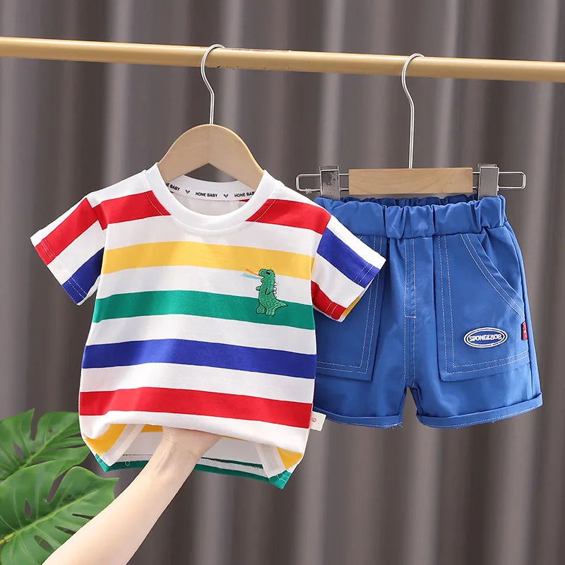Summer Cute Cartoon Dinosaur Fashion Children O-neck T-shirt+Shorts+Bag Toddler Baby Boys Girls Clothes Set New Kids Tracksuits - Slobuy