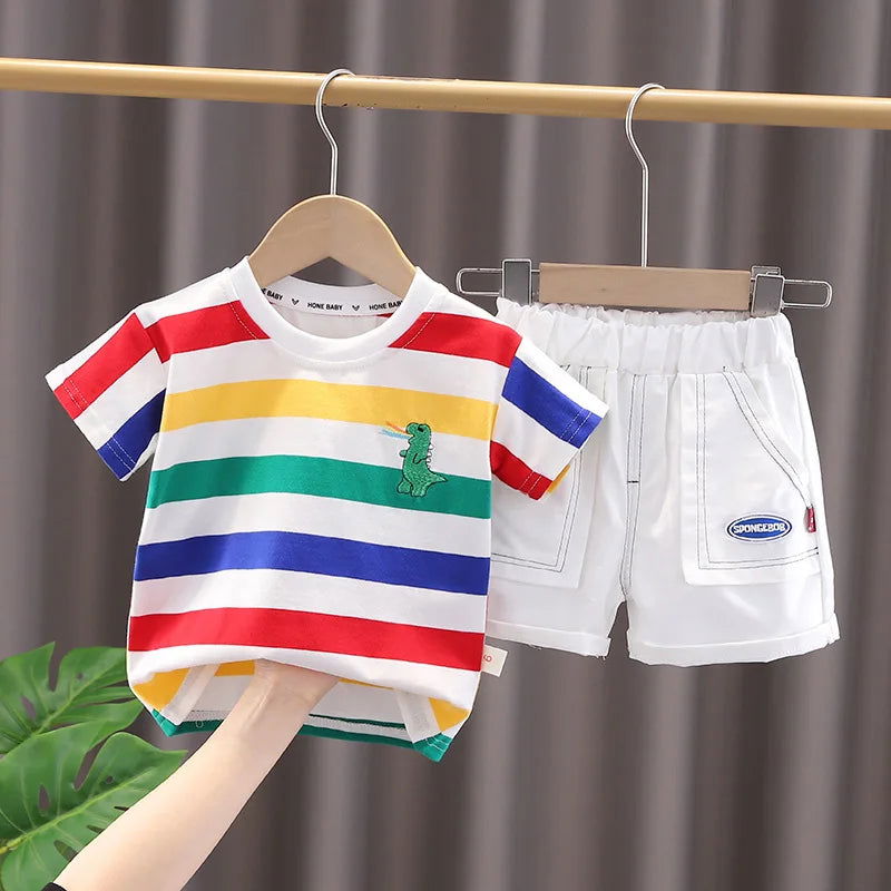 Summer Cute Cartoon Dinosaur Fashion Children O-neck T-shirt+Shorts+Bag Toddler Baby Boys Girls Clothes Set New Kids Tracksuits - Slobuy
