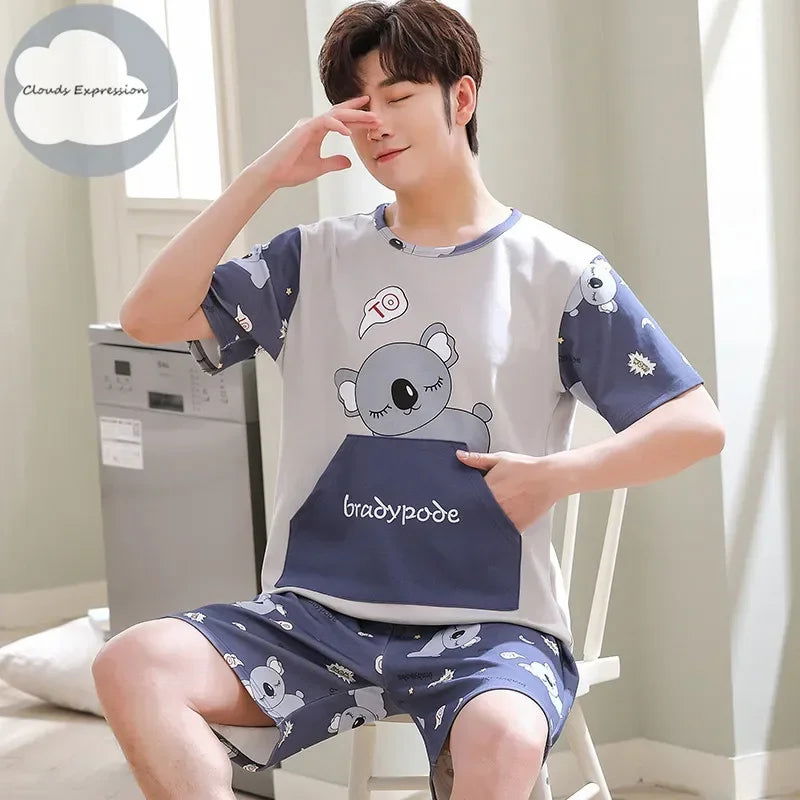 Summer Knitted Cotton Short Sleeved Men's Pajamas Sets Male Pajama Set Letter Pajama For Men Sleepwear Suit Homewear Size xXXXL - Slobuy