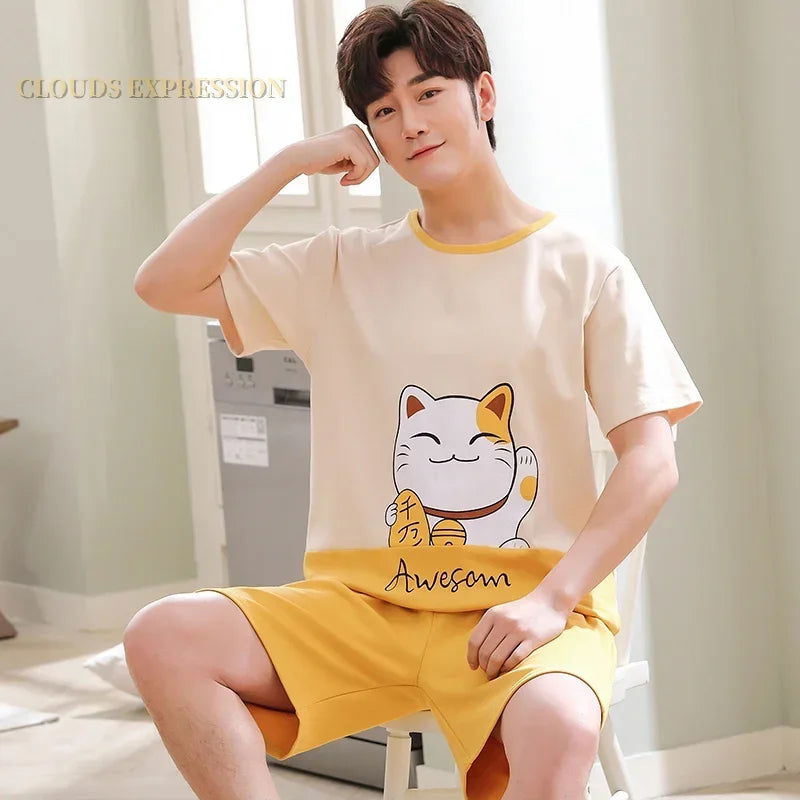 Summer Knitted Cotton Short Sleeved Men's Pajamas Sets Male Pajama Set Letter Pajama For Men Sleepwear Suit Homewear Size xXXXL - Slobuy