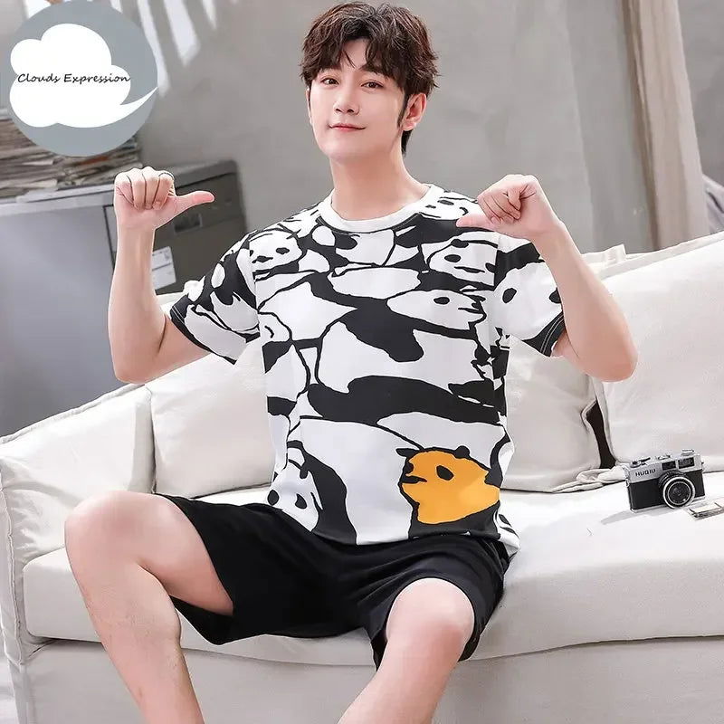 Summer Knitted Cotton Short Sleeved Men's Pajamas Sets Male Pajama Set Letter Pajama For Men Sleepwear Suit Homewear Size xXXXL - Slobuy
