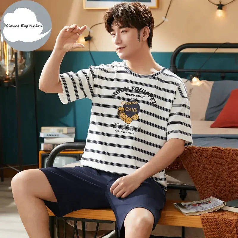 Summer Knitted Cotton Short Sleeved Men's Pajamas Sets Male Pajama Set Letter Pajama For Men Sleepwear Suit Homewear Size xXXXL - Slobuy