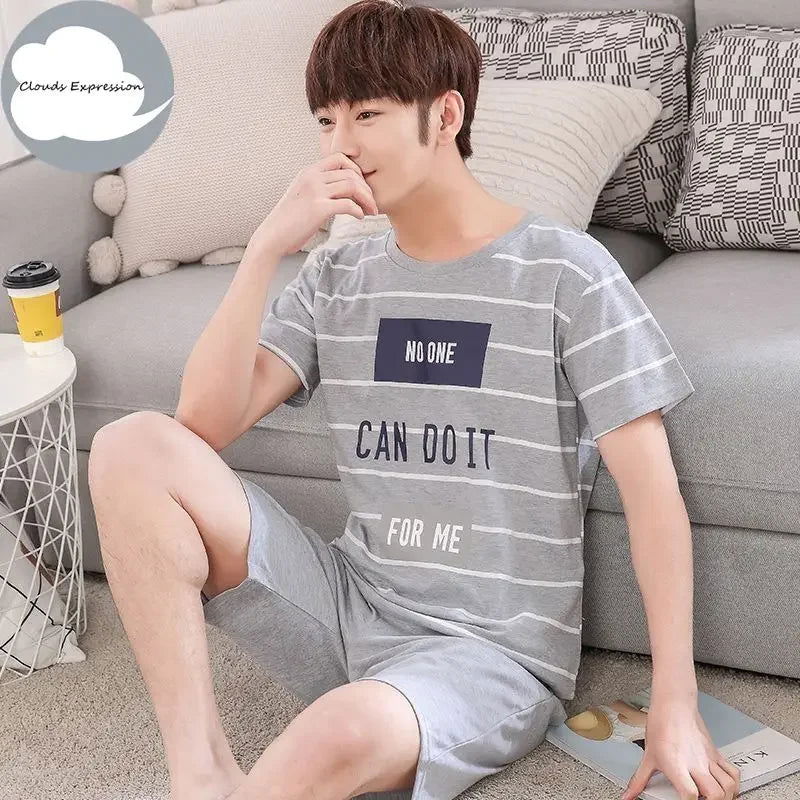 Summer Knitted Cotton Short Sleeved Men's Pajamas Sets Male Pajama Set Letter Pajama For Men Sleepwear Suit Homewear Size xXXXL - Slobuy