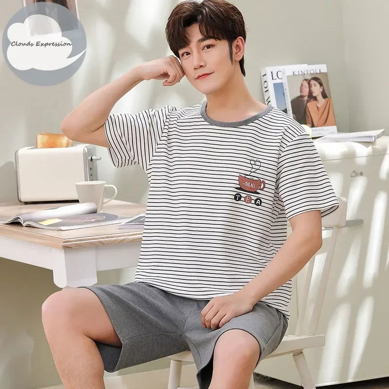Summer Knitted Cotton Short Sleeved Men's Pajamas Sets Male Pajama Set Letter Pajama For Men Sleepwear Suit Homewear Size xXXXL - Slobuy