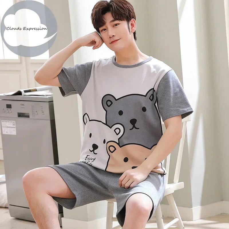 Summer Knitted Cotton Short Sleeved Men's Pajamas Sets Male Pajama Set Letter Pajama For Men Sleepwear Suit Homewear Size xXXXL - Slobuy