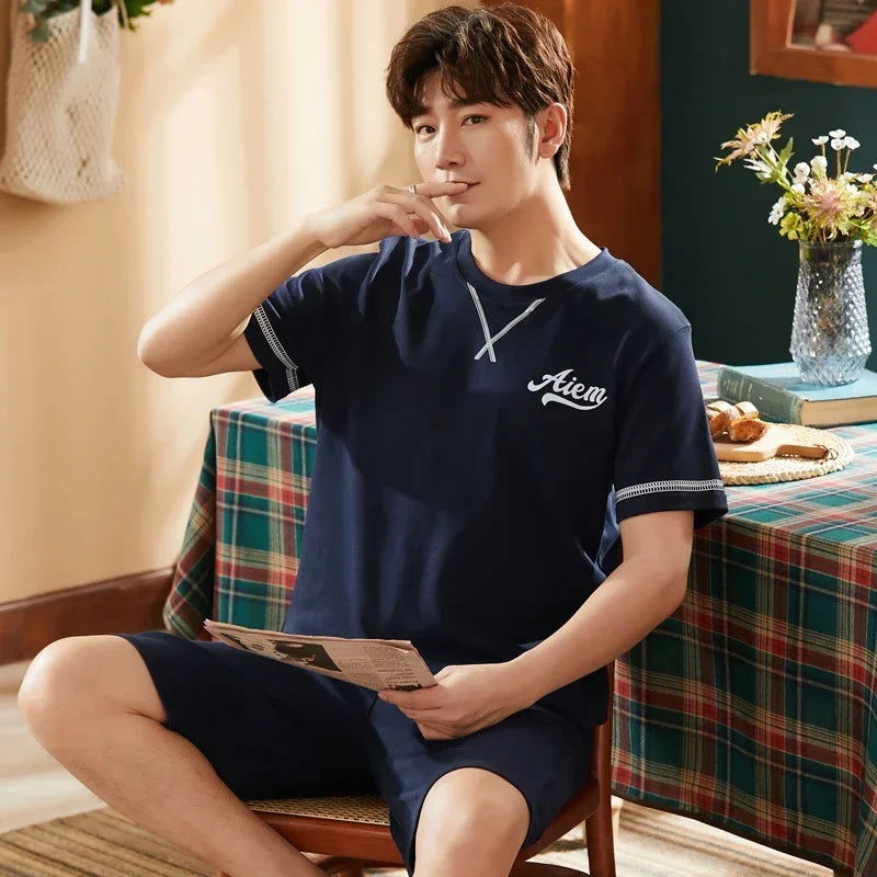 Summer Knitted Cotton Short Sleeved Men's Pajamas Sets Male Pajama Set Letter Pajama For Men Sleepwear Suit Homewear Size xXXXL - Slobuy