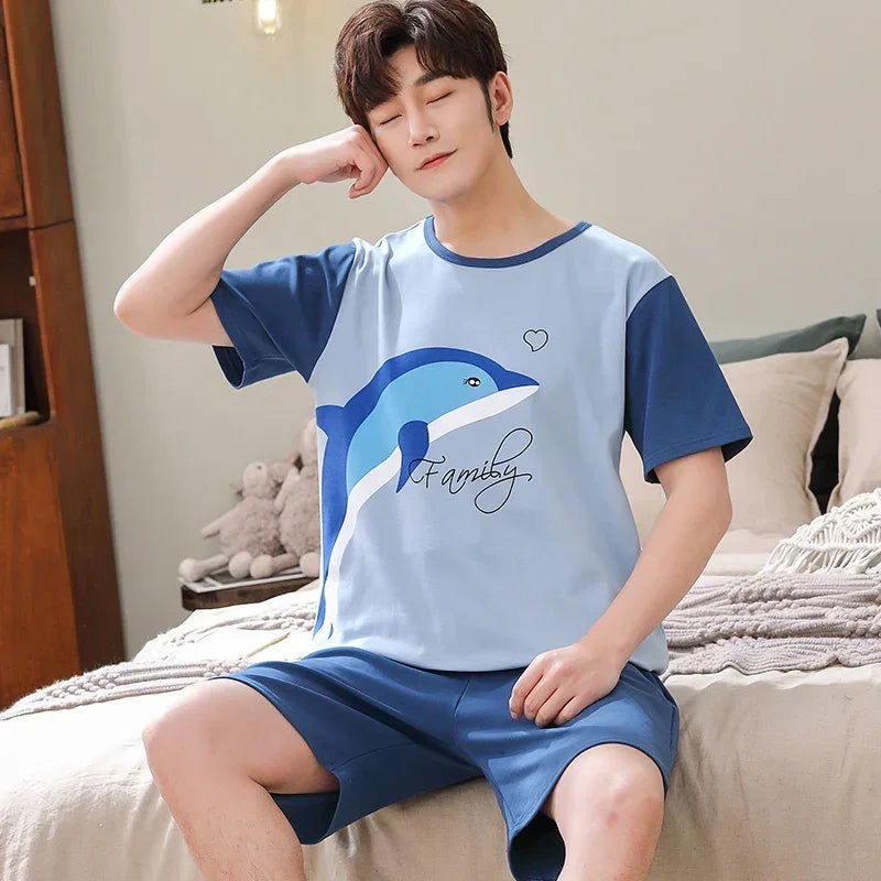 Summer Knitted Cotton Short Sleeved Men's Pajamas Sets Male Pajama Set Letter Pajama For Men Sleepwear Suit Homewear Size xXXXL - Slobuy